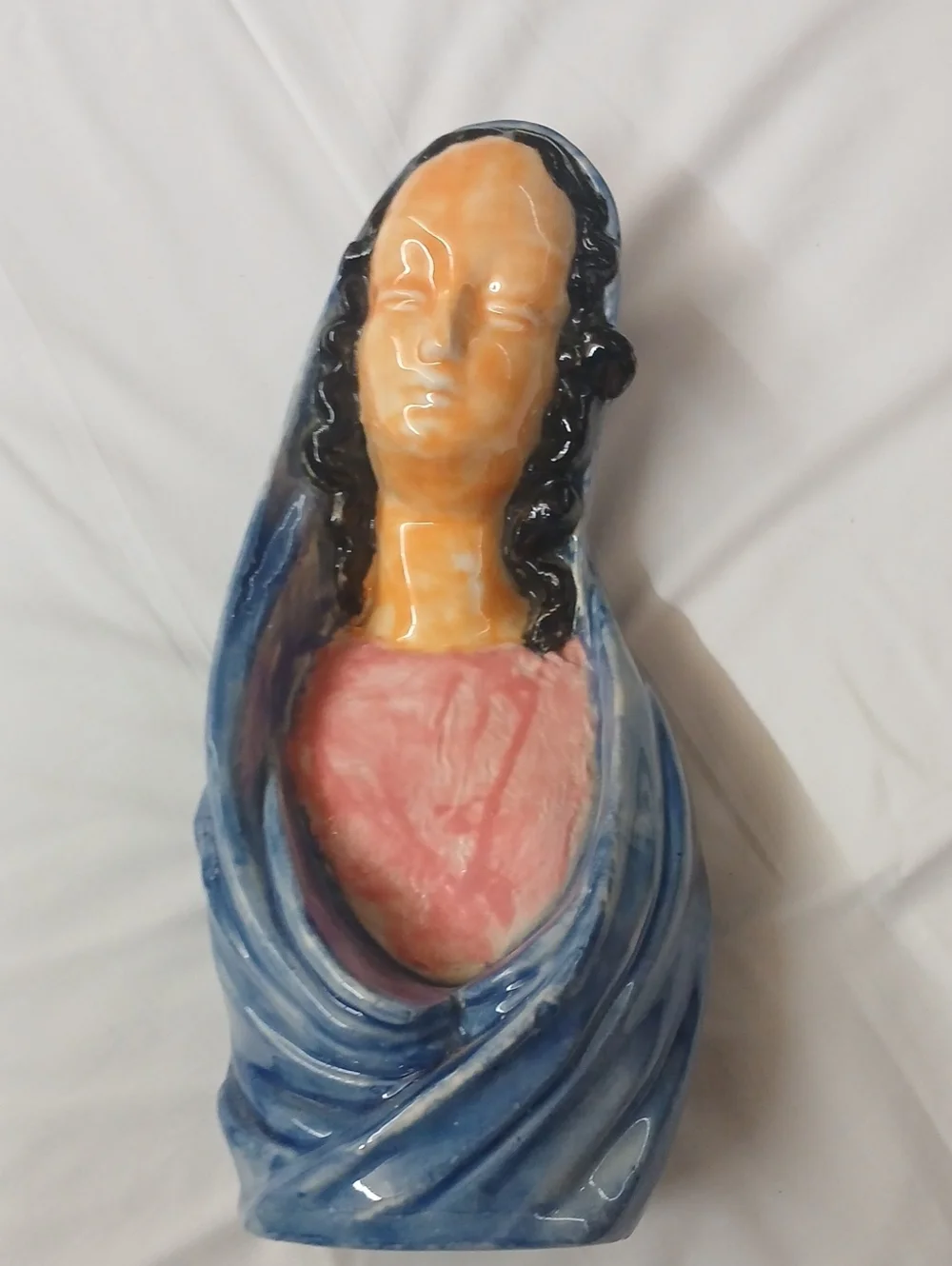 Handcrafted Ceramic Madonna Figurine - Blue and Pink
